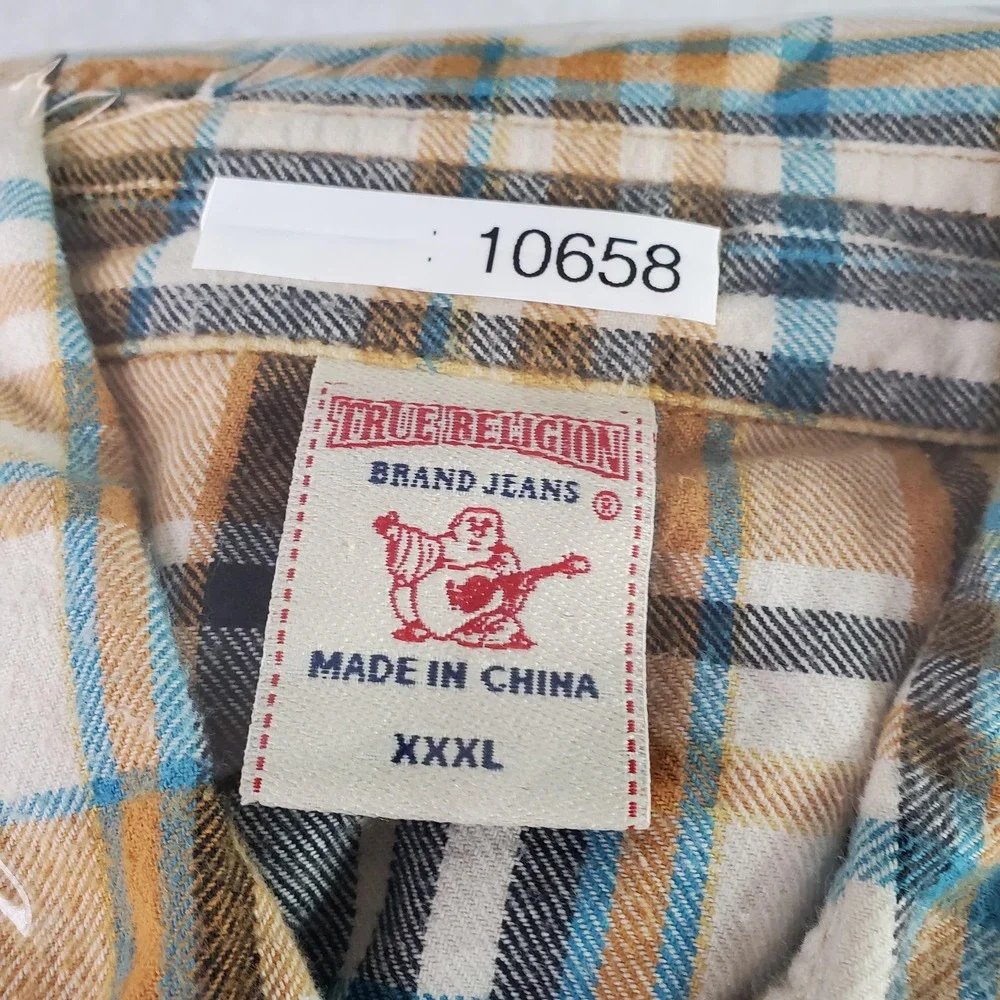 True Religion Shirt Tag Size XXXL Fits 2XL Brown Blue Plaid Pearl Snap Flannel